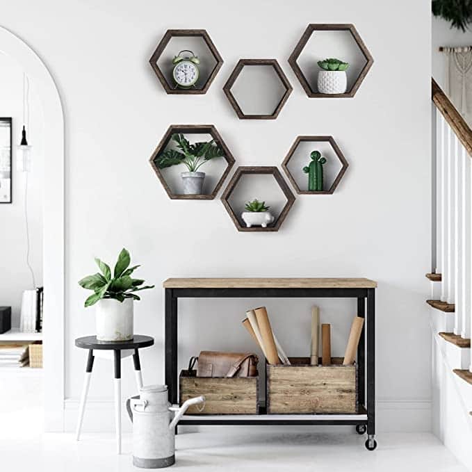 Set of 6 Wooden Hexagon Rustic Floating Shelves in Deep Natural Wood