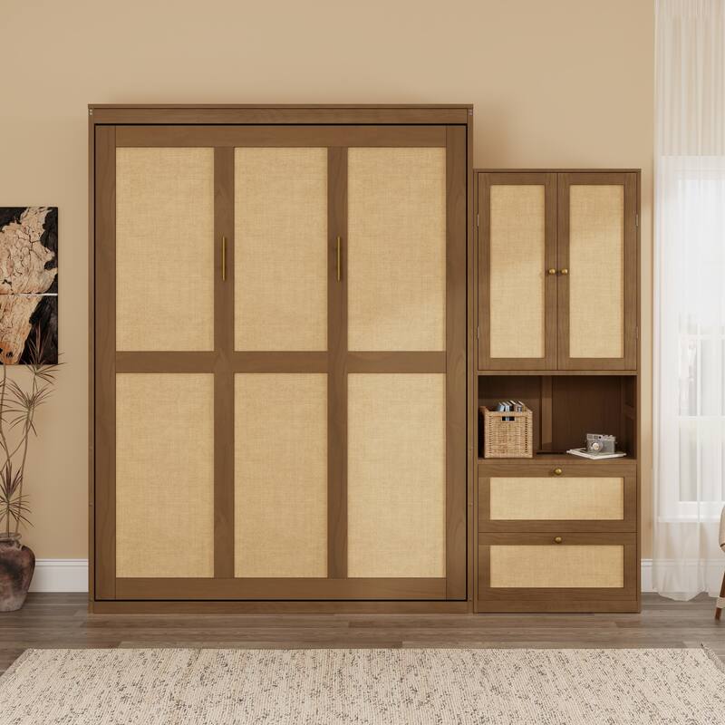 Foldable Bed Convert Cube Cabinet Rattan Murphy Bed Space-Saving Bed