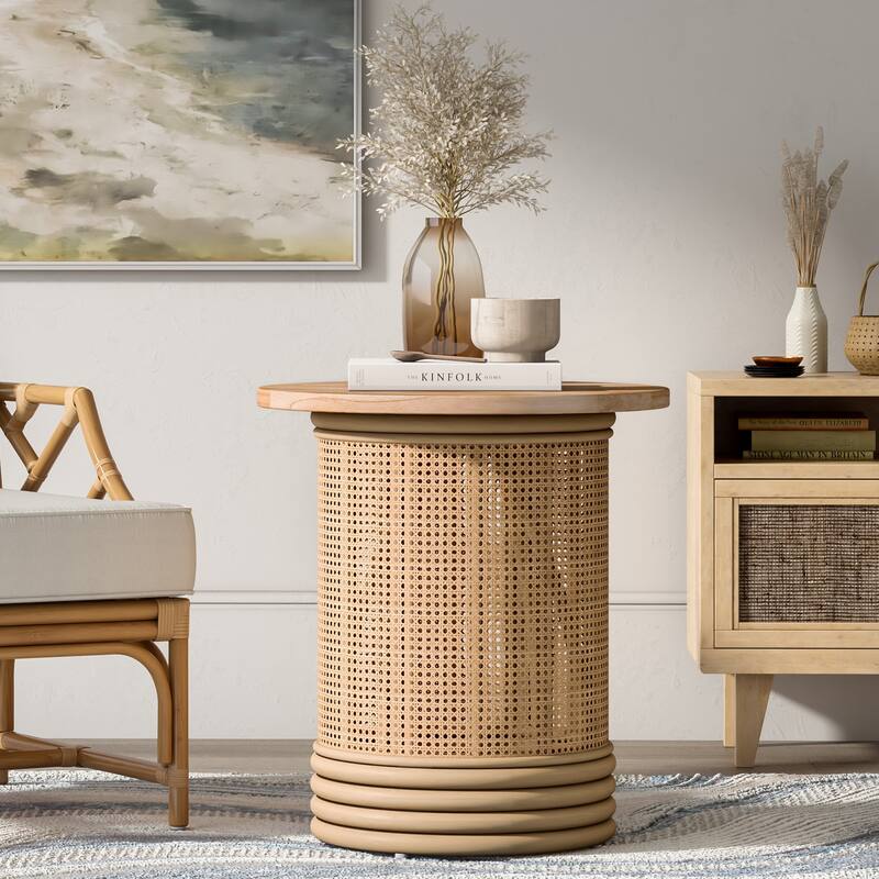 NPD Furniture Brisa Rattan Coffee / Side End Table with Wood Top - Side table