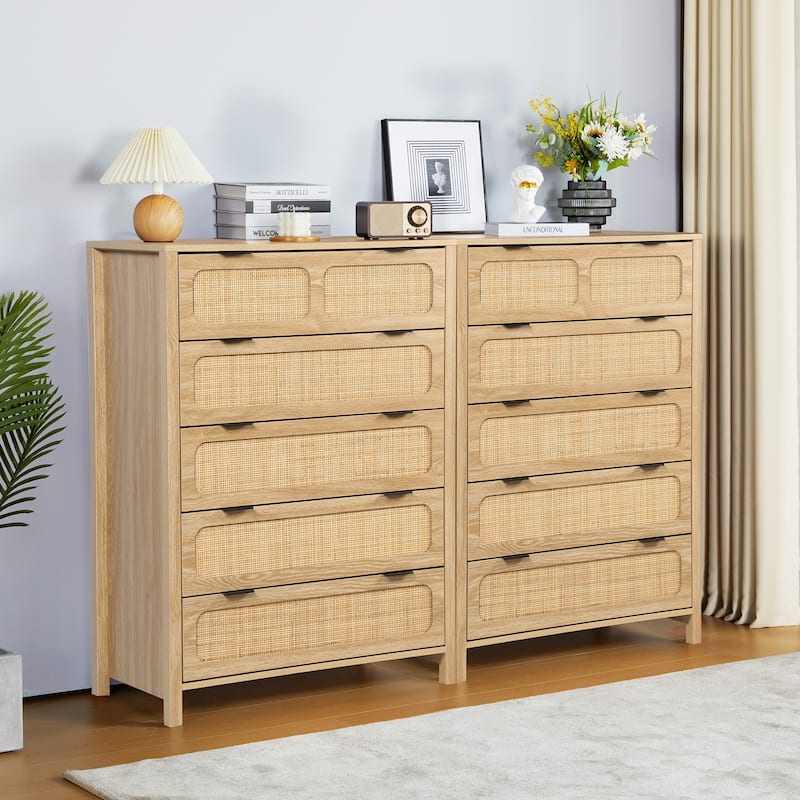 Wooden Rattan 5-Drawer Storage Cabinet Dresser