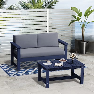 Outdoor Patio HDPE Loveseat and Table Set, Removable Cushions Included