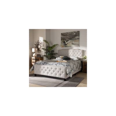 Queen Size Upholstered Panel Bed - Beige Fabric Button Tufted Bed Frame with Nailhead Trim