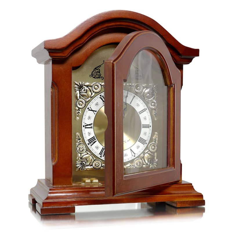 Traditional Redwood Mantel Clock With Gilded Details