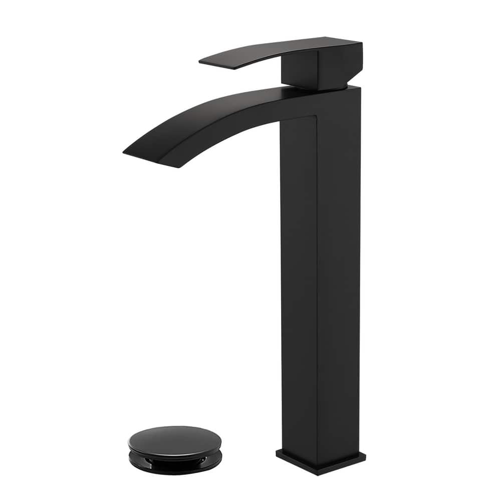 Waterfall Single Handle Bathroom Vessel Sink Faucet with Pop-up Drain 304 Stainless Steel 1 Hole High Tall Basin Vanity Faucets