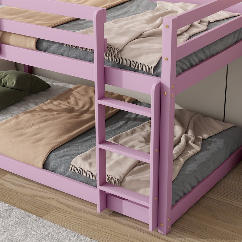 Roomfitters Solid Rubber Wood Twin over Twin Floor Bunk Bed with Ladder, Reinforced Slat Platforms, Low Height Frame, Pink