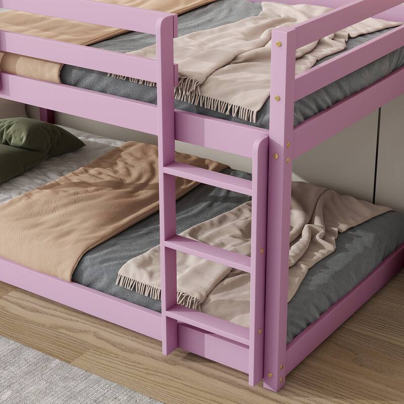 Solid Rubber Wood Twin over Twin Floor Bunk Bed - with Ladder, Strengthened Slats for Upper & Bottom Platforms