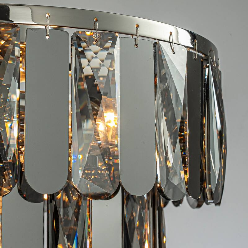 Dimmable Smoked Crystal Flush Mount Ceiling Light Round with Polished Nickel Finish and Stainless Steel Accents for Dining Room
