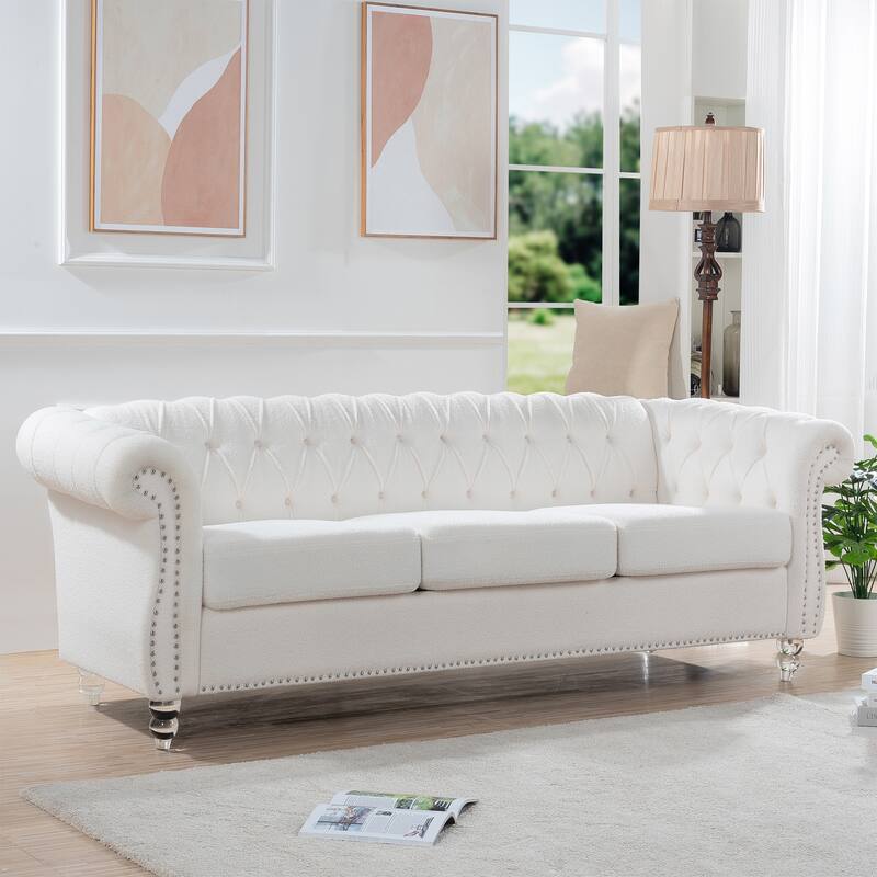 Chesterfield Fabric 3 Seater Sofa, Tufted Upholstered Sofa with Rolled Arms, Lounge Sofa Chair with Wooden Legs - White