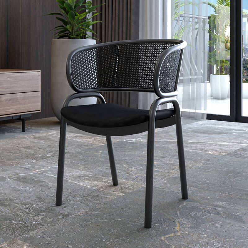 Ervilla Modern Upholstered Accent Side Chair with Wicker Back and Black Iron Legs for Dining Room & Kitchen, Set of 4