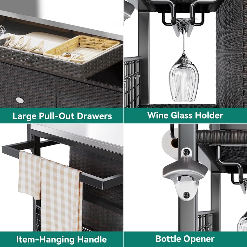 Outdoor kitchen cabinet Rolling Cart Bar Table Stainless Steel Extended - 57.8"L x 47.3"W x 24.8"H