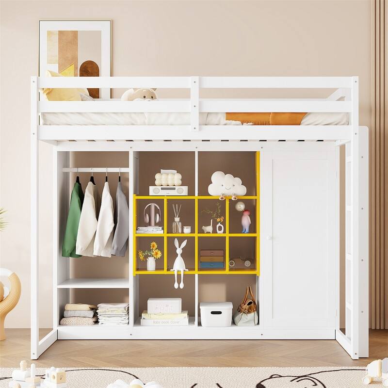 Twin/Full Size Loft Bed with Wardrobe and Cabinet, Wooden Loft Bedframe with Storage Shelves, Ladder and Guardrail for Kids