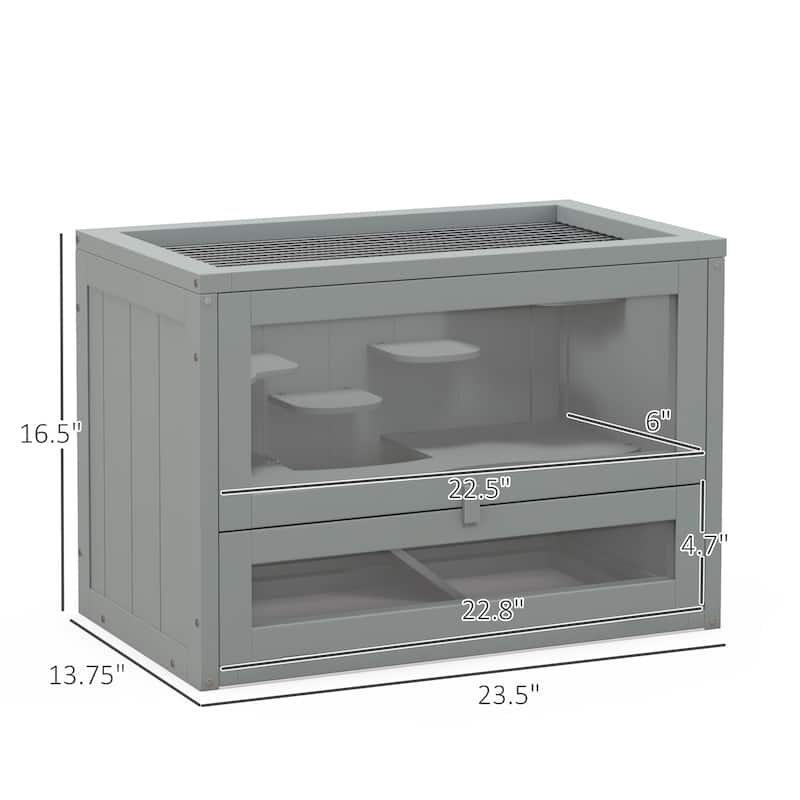 Grey Wooden Hamster Cage with Ramp and Platforms for Mice and Small Rodents - 23.5" L x 13.75" W x 16.5" H