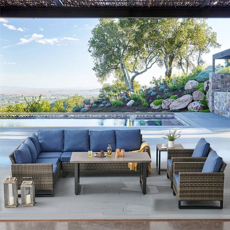 Gymojoy 6 Piece Garden Outdoor Sofa with Club Chair - Grey - Blue