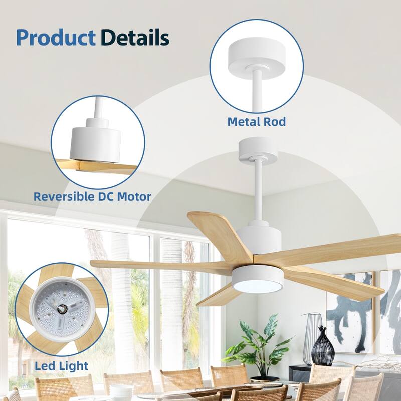 WINGBO 54" and 64" 5 ABS Blades DC Motor Indoor Ceiling Fan with Light & Remote