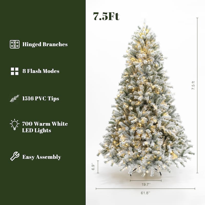7.5Ft Pre-Lit Hinged Snow Flocked Full Fir Artificial Christmas Tree with 8 Lighting Modes - 90" H x 61.8" Diameter