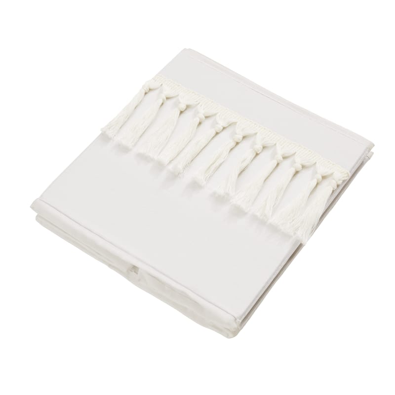 Ivory Boho Bohemian Collection Foldable Fabric Storage Bins - Gender Neutral Off White Farmhouse Minimalist Tassel Fringe Cotton