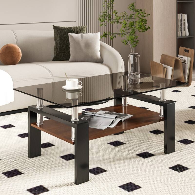 39x24'' Rectangle Coffee Table with Tempered Glass Tabletop for Living Room