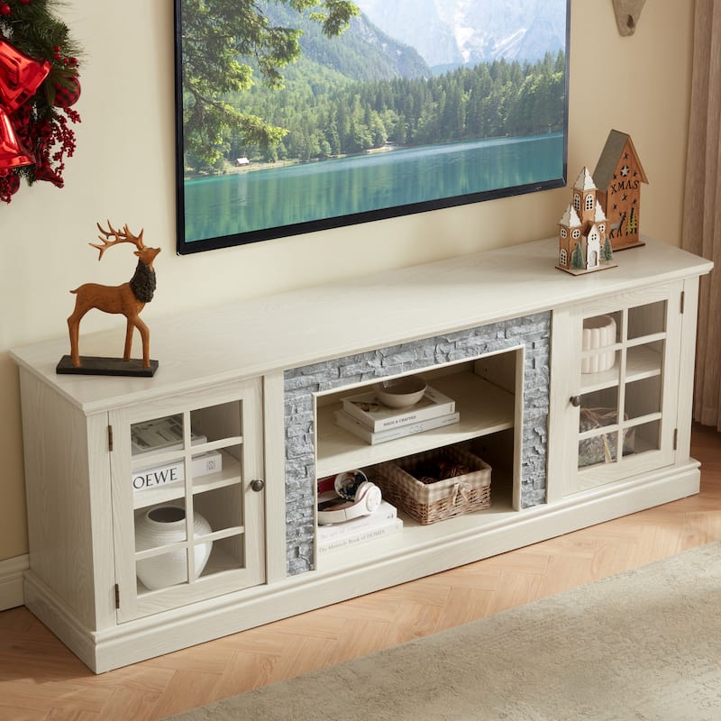 70" Modern TV Stand with 2-Door Storage, Faux Stone Media Console Cabinet, Large Entertainment Center for Living Room