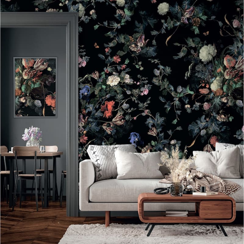Dark Botanical Blooming Floral Wallpaper Mural