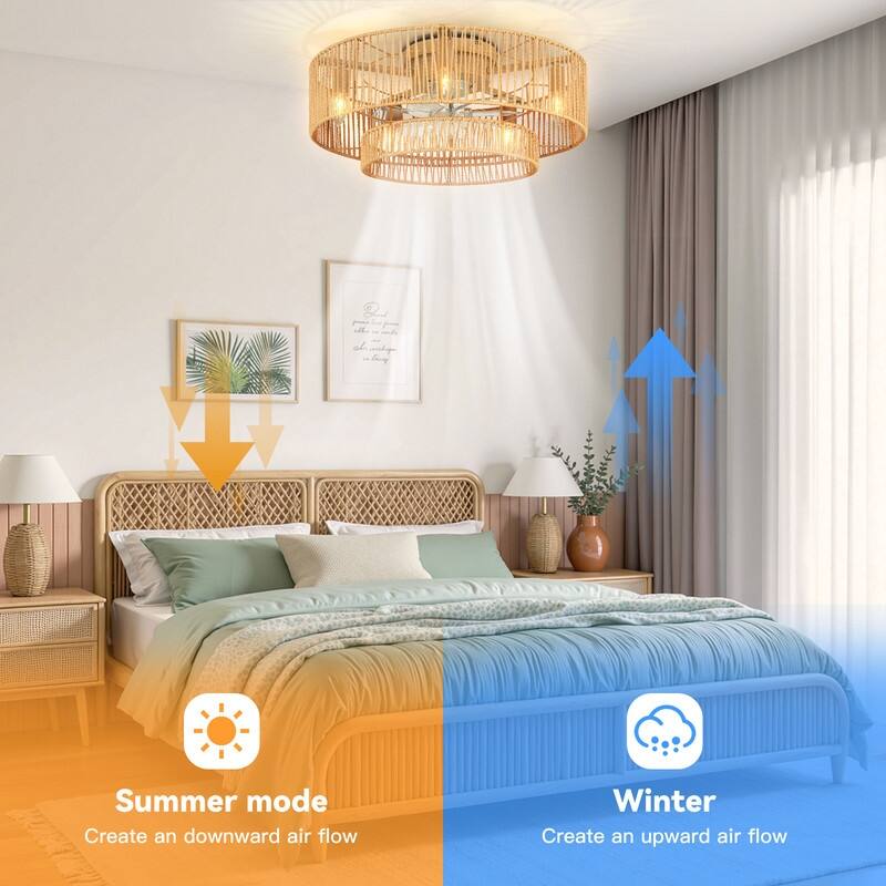 20 in. Indoor Khaki Kraft Paper Rope Cage Ceiling Fan with Lights and Remote Control, Flush Mount Fandalier for Bedroom
