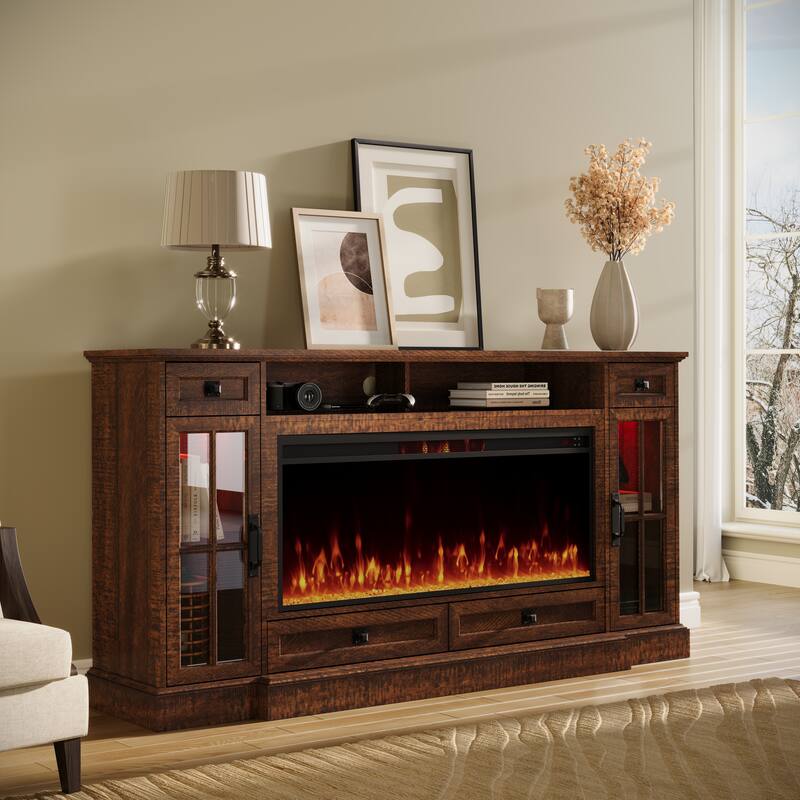 Fireplace TV Stand for 80" TV, Farmhouse Entertainment Center with LED - Brown
