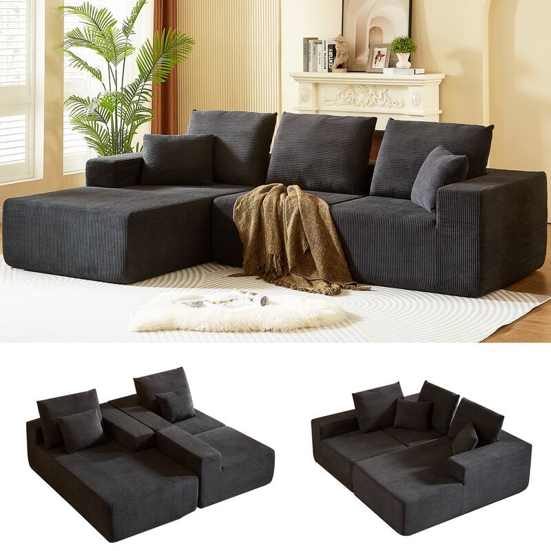 Modular L-Shaped Sectional Sofa with Chaise, Modern Cloud Couch with Deep Seats, Corduroy Couch for Living Room, Bedroom, Office - Black