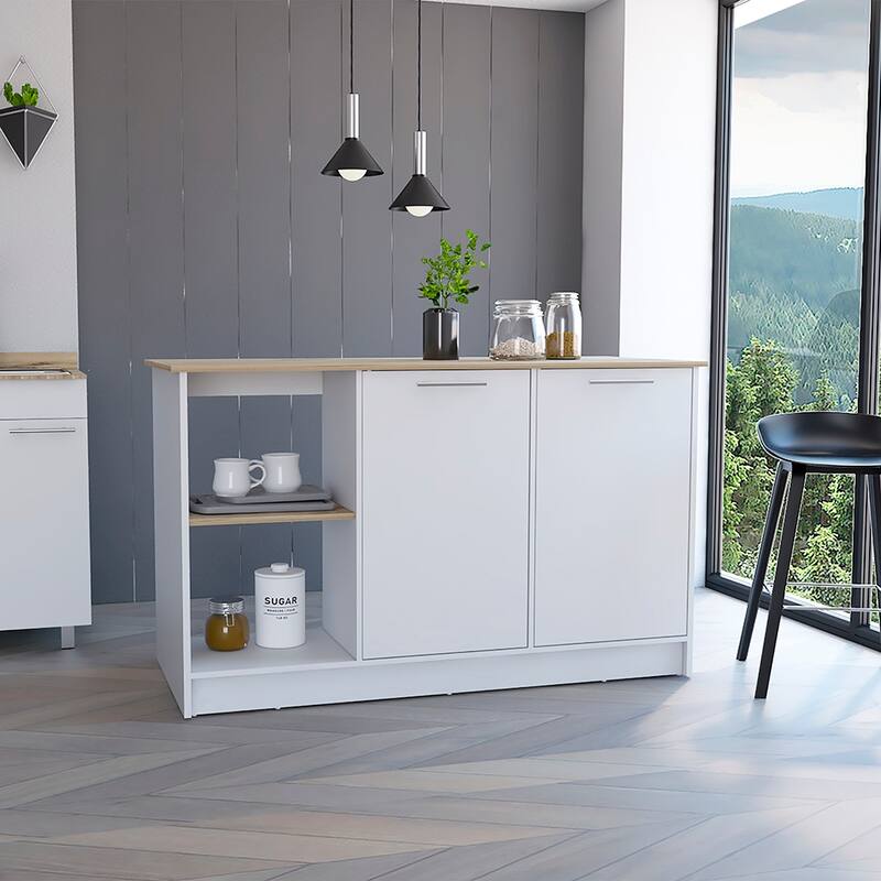 59-Inch Kitchen Island with Double Door Cabinets & Open Shelves, Light Oak/White Design