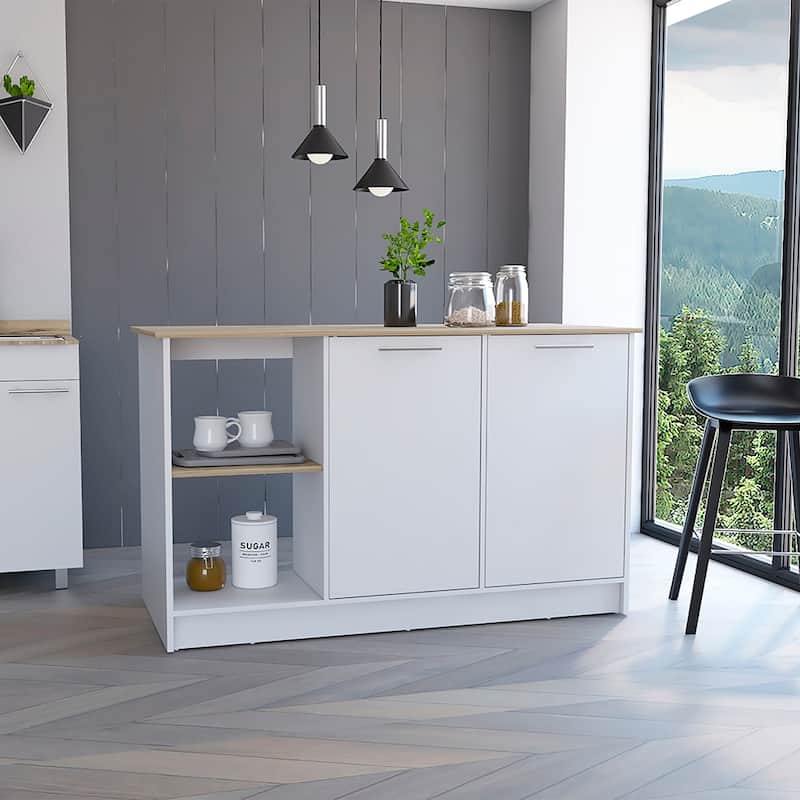Kitchen Island, Four Open Shelves, Two Cabinets -Light Oak / White - Multicolor
