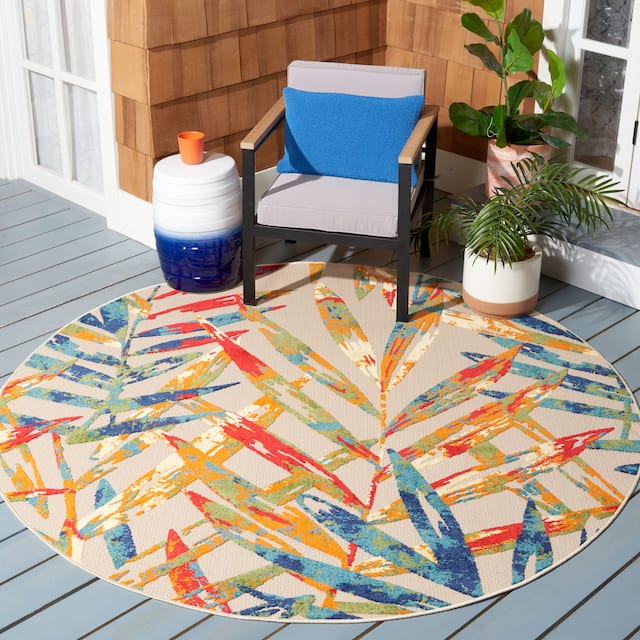 SAFAVIEH Cabana Sebahate Indoor/ Outdoor Waterproof Patio Tropical Rug - 6'7" Round - Ivory/Navy