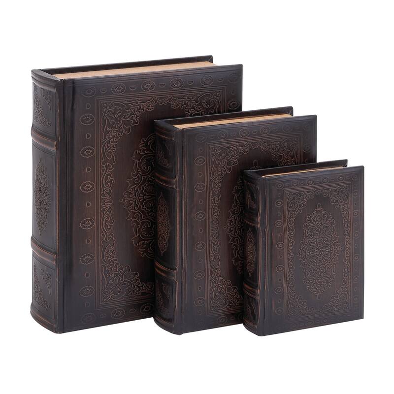 Dark Brown Wooden Faux Storage Book Decorative Box with Faux Leather Detailing (Set of 3)