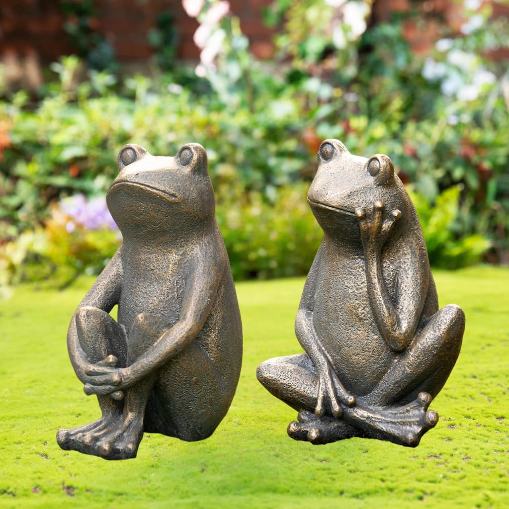 Glitzhome 12''H Resin Bronze Squatting Sitting Frog Statue