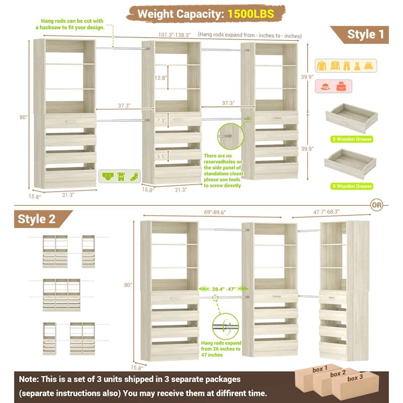 140'' Walk-in Closet Organizer System with 12 Drawers ＆ 4 Hanging Rods, 8.5-11.5FT Wooden Wardrobe Clothes Rack with 3 Towers