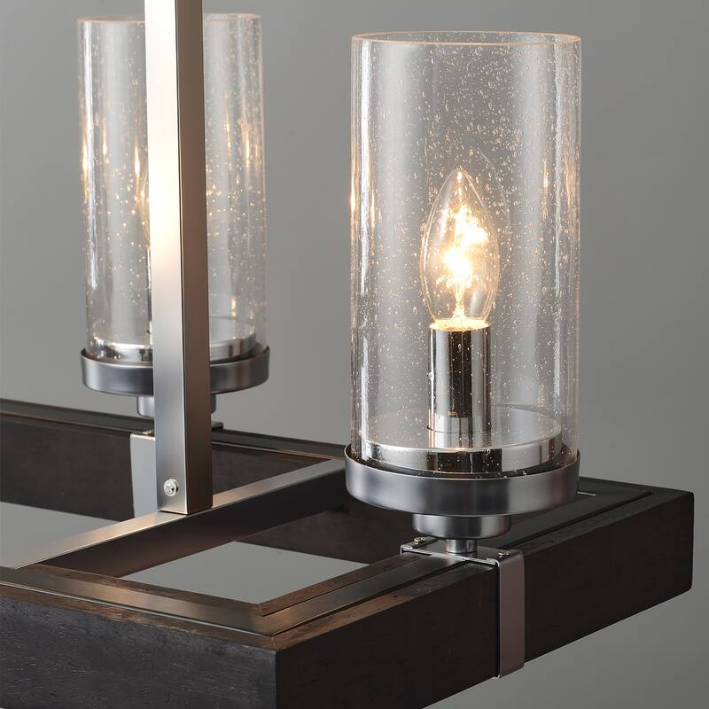 Wood and Metal 6-light Linear Chandelier with Seeded Glass Shades Silver / Black