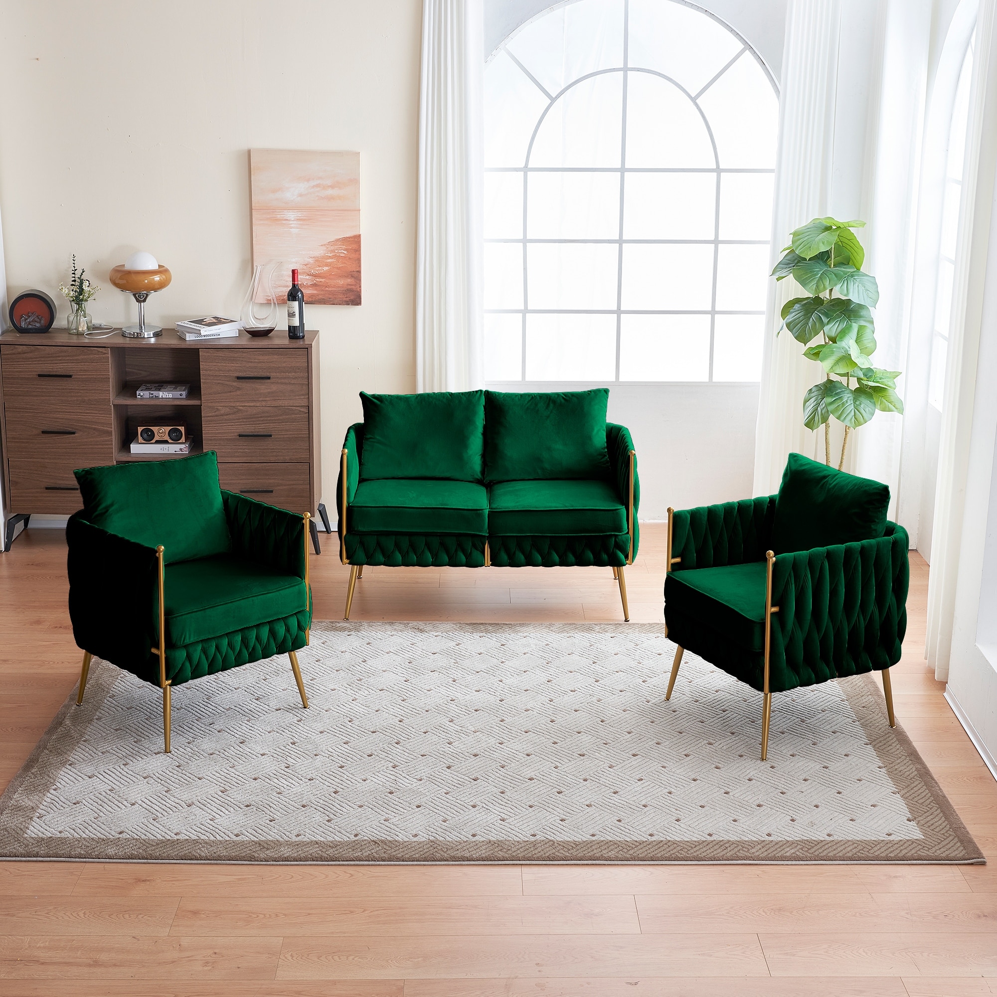 Green Velvet Sofa Sets Bucket Woven Loveseat Chair Tufted Accent Sofa, image size:2000x2000