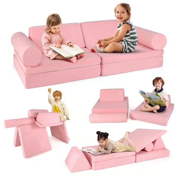 slide 2 of 10, Gymax 8 Pcs Kids Play Couch Convertible Sectional Floor Sofa Pink - Kids