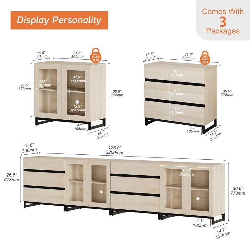 4 in 1 TV Stand for 120" TVs, Console with Glass Doors & 6 Drawers, Entertainment Center