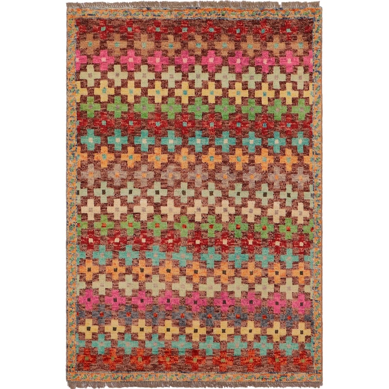 Modern Balochi Curry Maroon/Blue Hand Knotted Wool Rug - 3'4'' x 4'10''