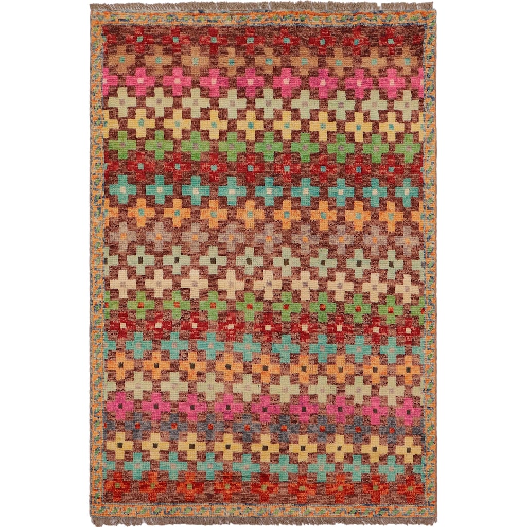 Modern Balochi Curry Maroon/Blue Hand Knotted Wool Rug - 3'4'' x 4'10''