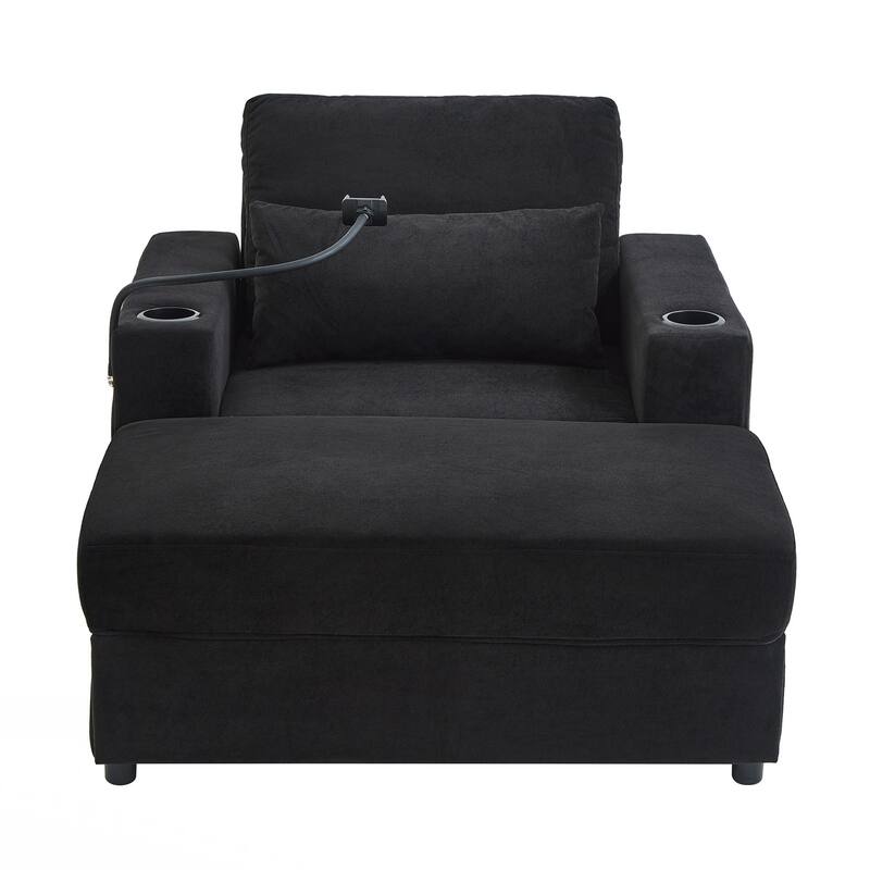 Modern Style Armchair 42.5" Chaise Lounge Sofa Couch with a Movable Storage Ottoman, Two USB Ports, Two Cup Holders