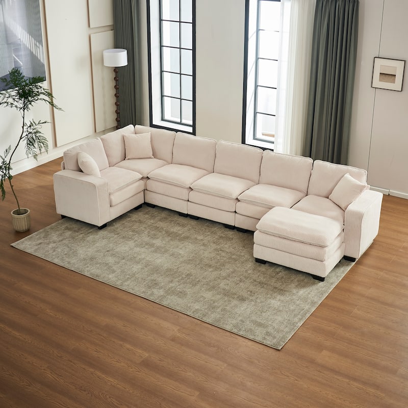 118.1'' Luxurious U-Shaped 6-Seater Sectional Sofa with Ottoman and 3 Plush Throw Pillows in Durable Corduroy Upholstery