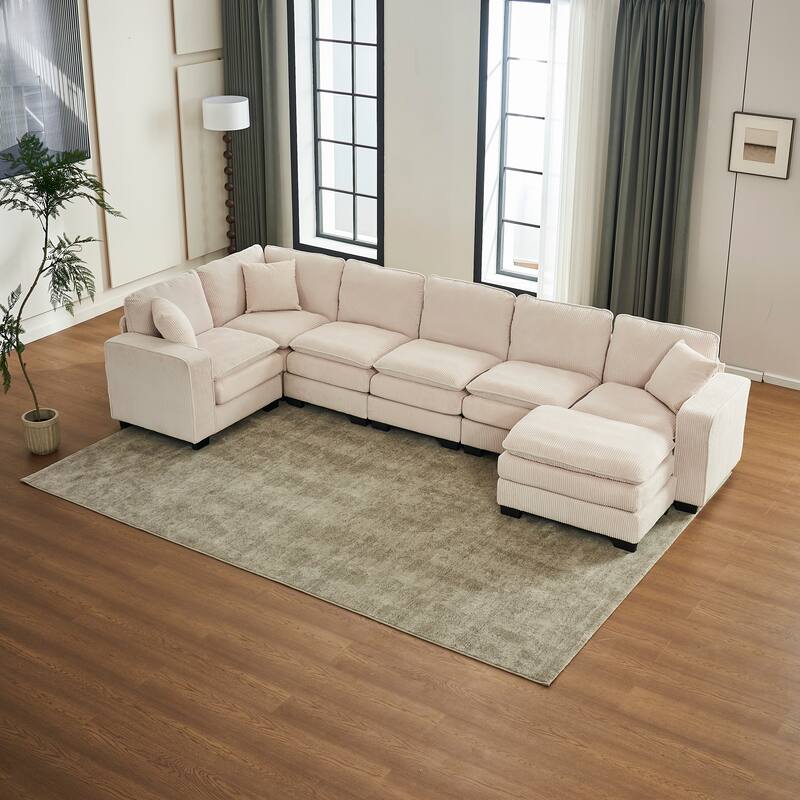 Modular Sectional Sofa for Living Room, U Shaped Sofa Couch with Ottoman and Three Toss Pillows, Corduroy Fabric Sofa Set - White