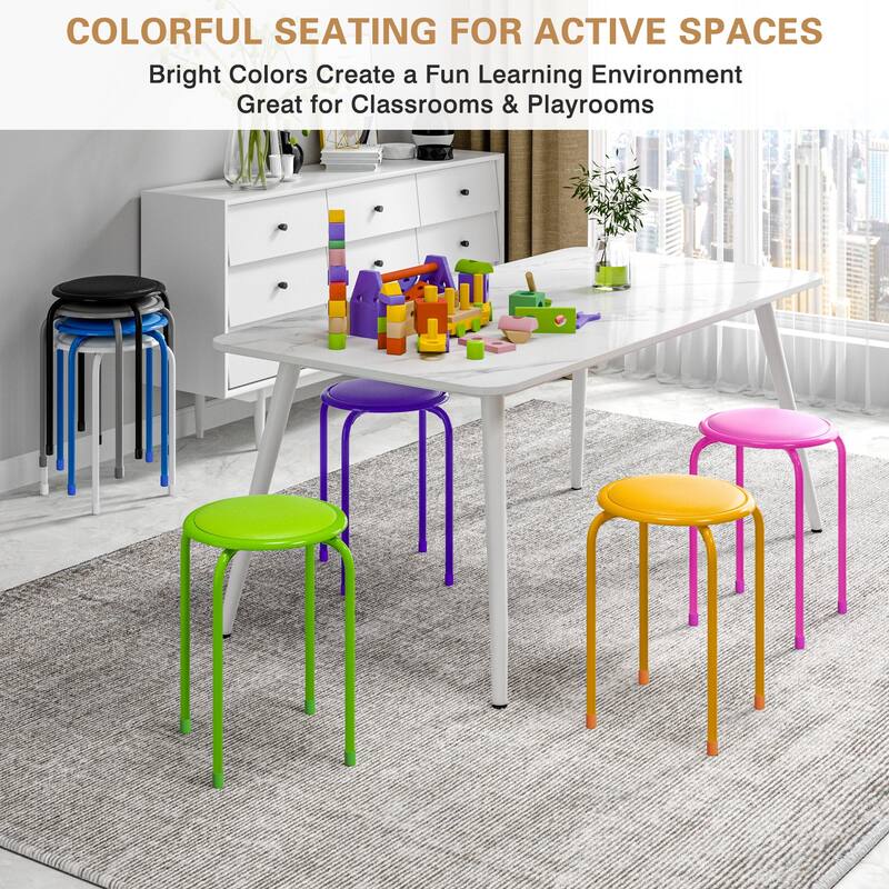 Javlergo Set of 6 Stackable Backless Stools PVC Padded Round Seats with Metal Frame Indoor Outdoor Use for Kitchen Livingroom