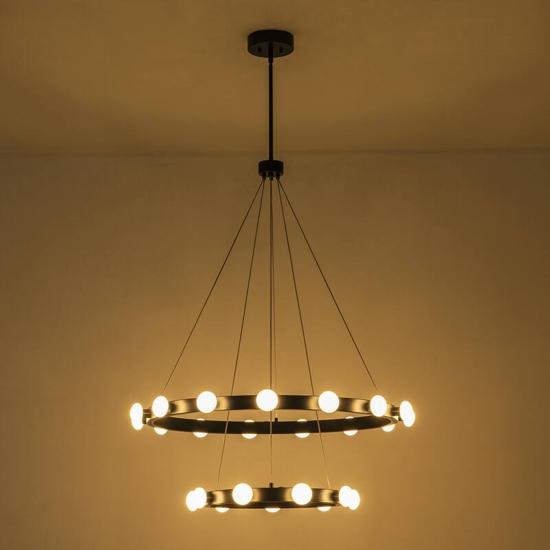 15/24-Light Mid-Century Modern Black Integrated LED Large Wagon Wheel Chandelier for Dining Room/Living Room