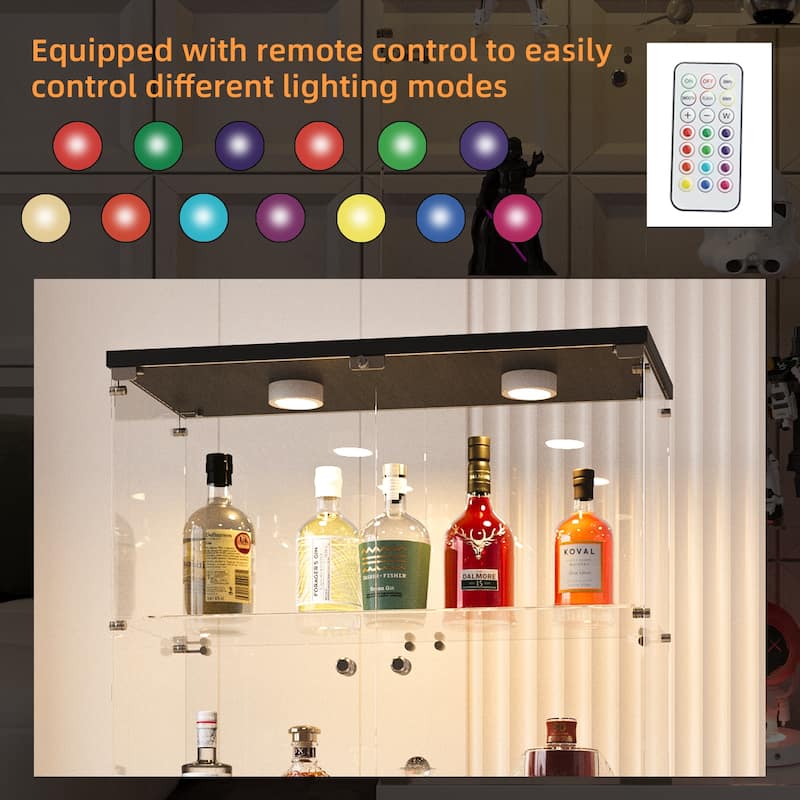 Tempered Glass Display Cabinet with Door Lock, Adjustable Feet and Colorful LED Lights, Wine Storage Curio Cabinet