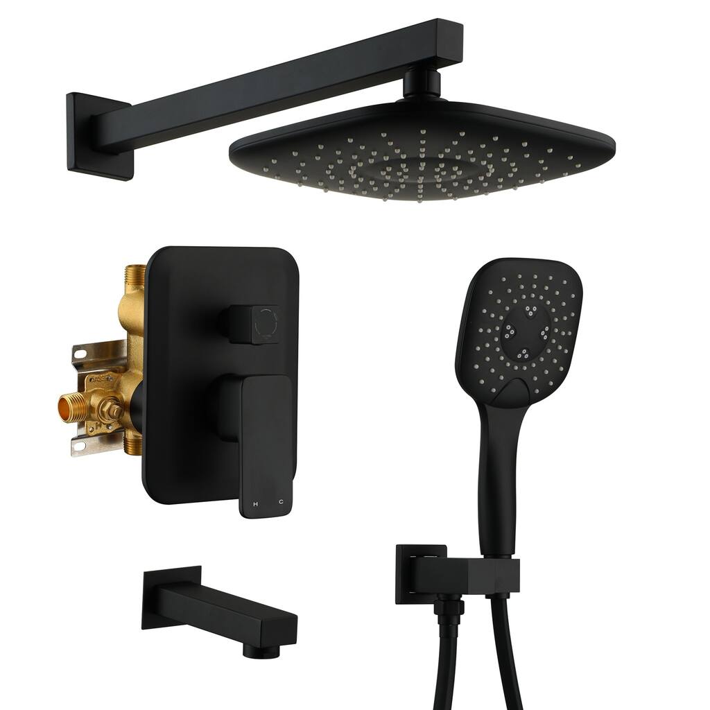 3-Spray Patterns 9 in. Wall Mount 1.8 GPM Dual Rain Shower Head with handheld and Spout in Matte Black