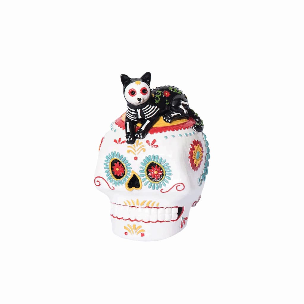 Laying Down Festive Feline Cat Sugar Skull Decorative Tabletop Table Figure Figurine