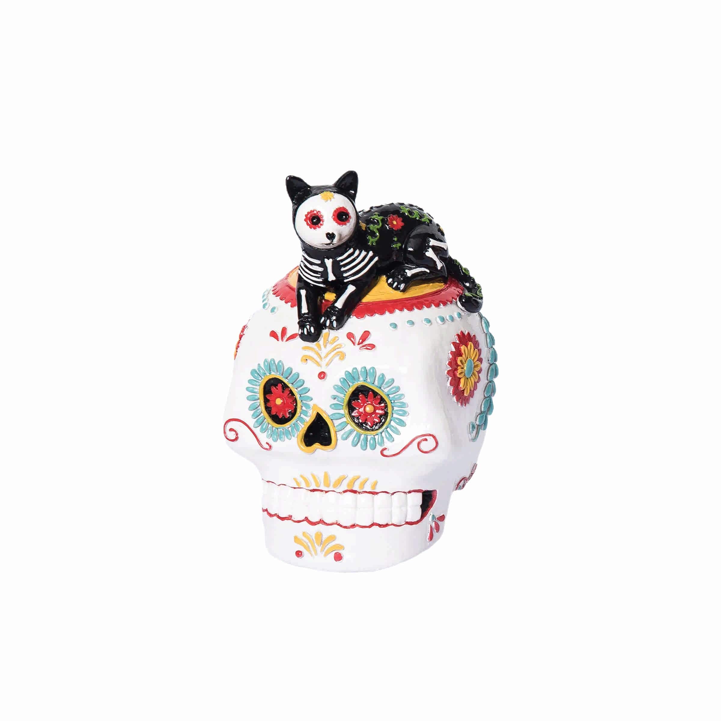 Laying Down Cat Sugar Skull Figurine 6.1"
