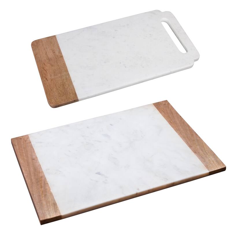 Creative Home Off-White Marble with Mango Wood Pastry Cheese Board Set (Set of 2)