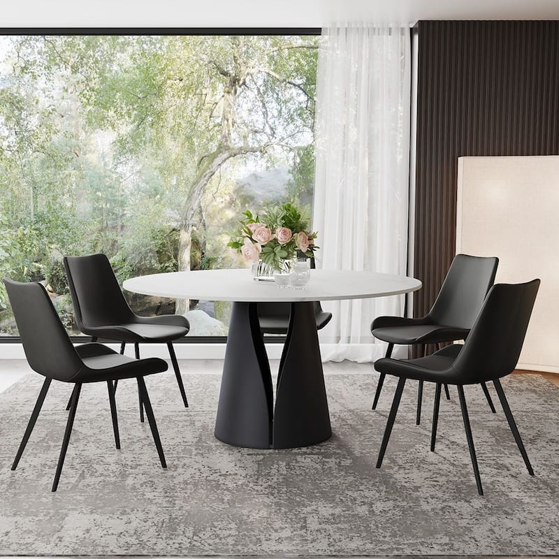 Modern Round White Dining Table，Sintered Stone Tabletop, Solid Black Carbon Steel Base