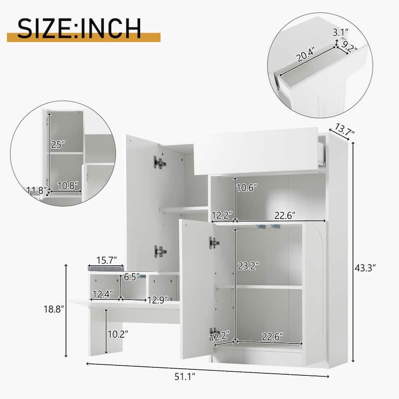 Elegant 2-in-1 Shoe Cabinets with Soft Cushion, Modern Storage Bench with Rebound Devices & Adjustable Shelves